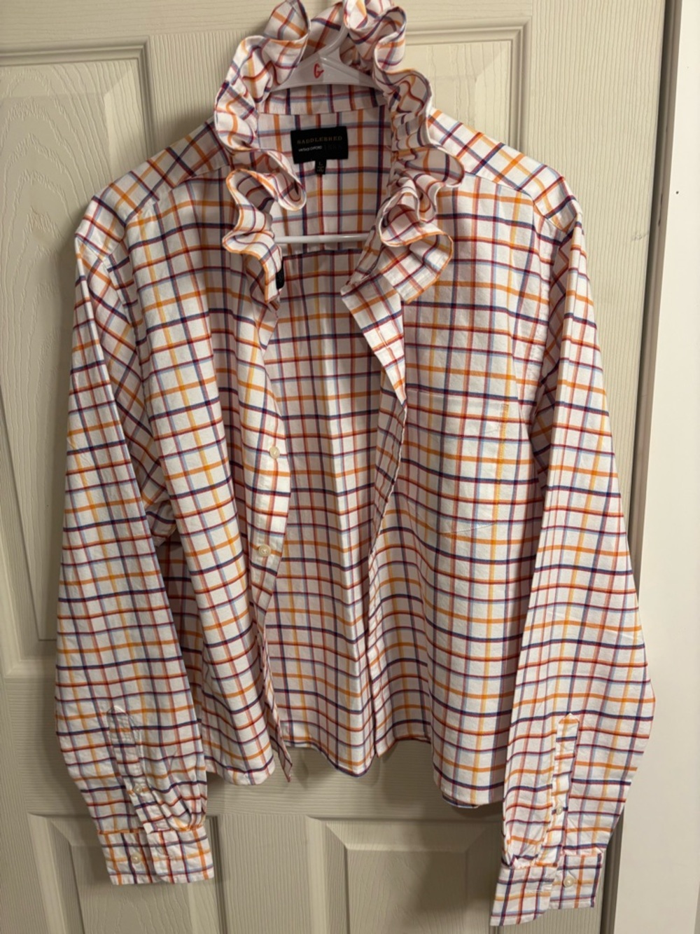 Women’s Upcycled/Reeloved Saddlebred White Plaid Ruffle-Collar Shirt